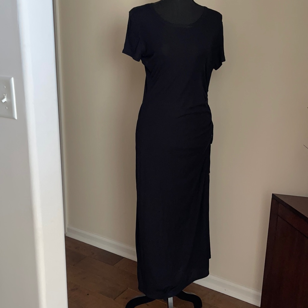 Theory Jilaena Black Short-Sleeve T-Shirt Viscose Dress W/Ruched Drawstring Side